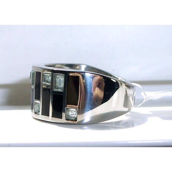 STAINLESS STEEL Sea Blue CZ Art Deco Band Ring - Picture 9 of 16